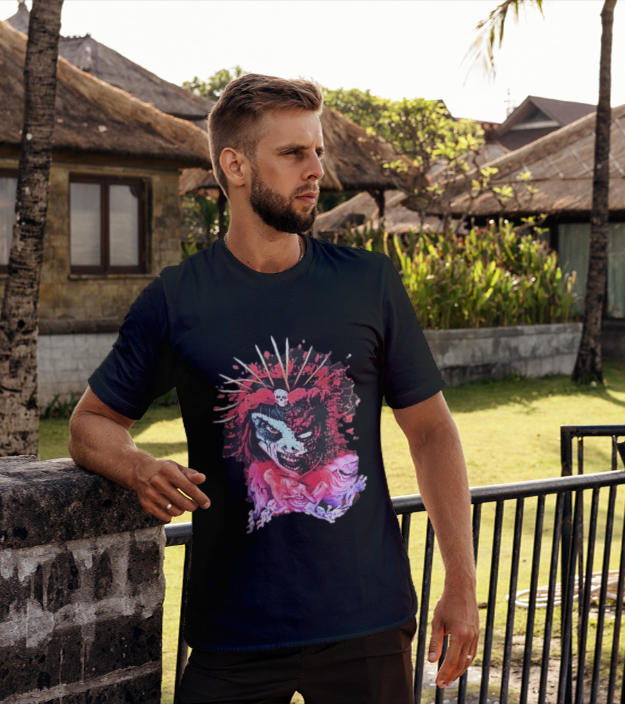 Demonic Japanese Geisha Skull Crown With Red Paint Splatter And Floral T-Shirt