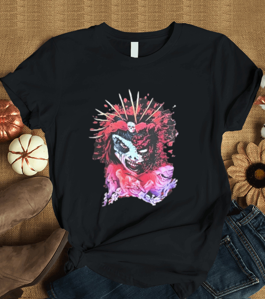 Demonic Japanese Geisha Skull Crown With Red Paint Splatter And Floral T-Shirt