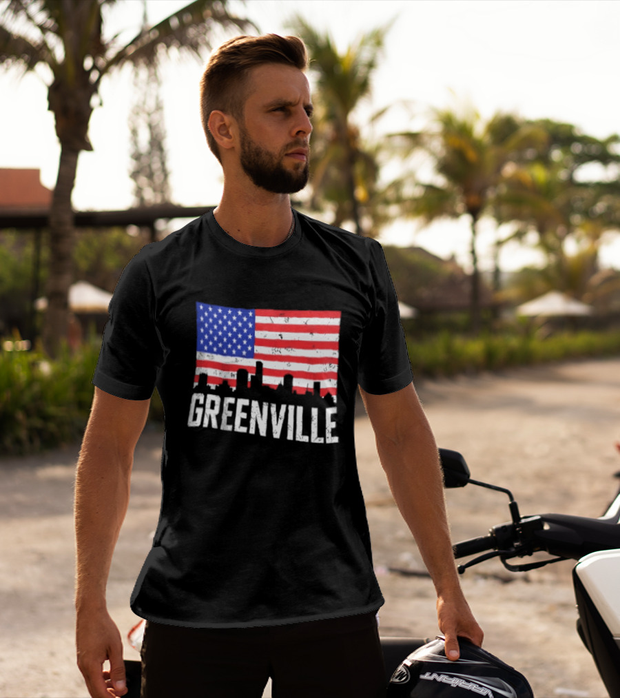Greenville Skyline American Flag Cityscape T-Shirt
