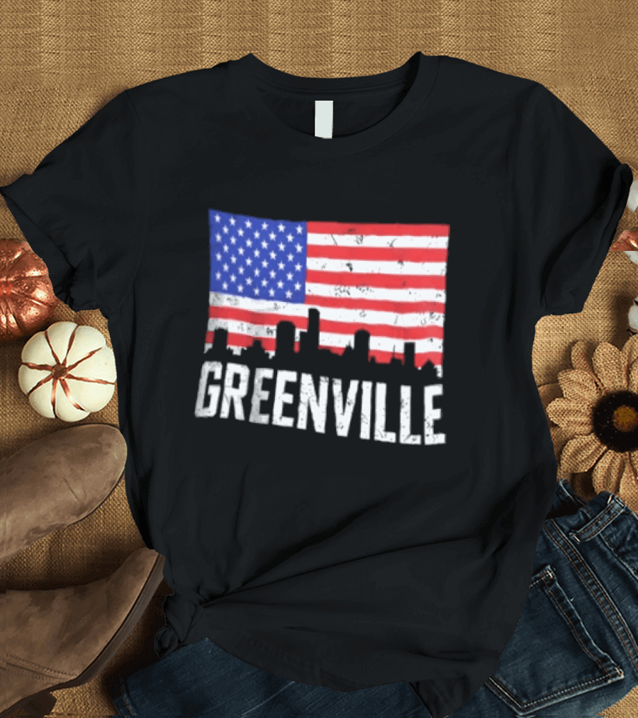 Greenville Skyline American Flag Cityscape T-Shirt