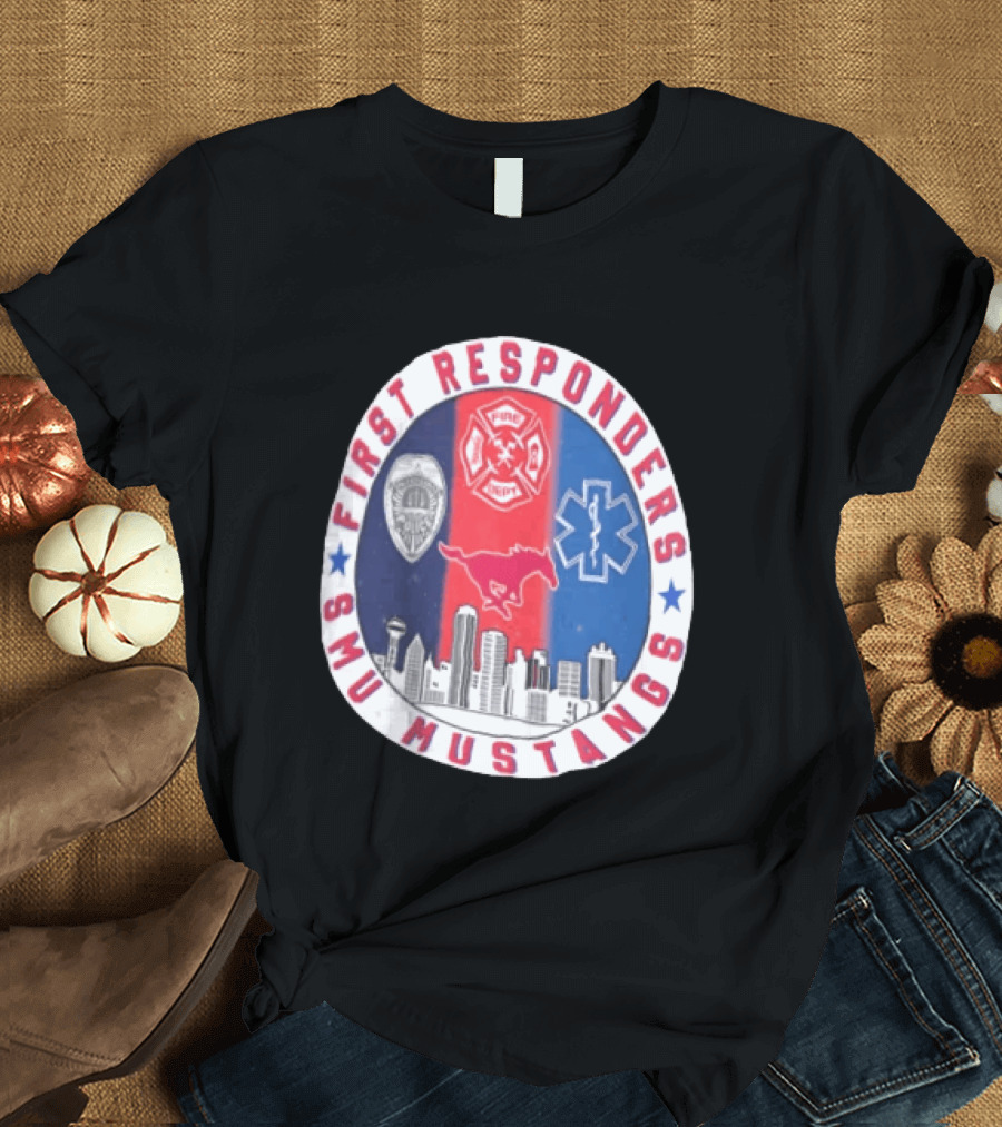 First Responders SMU Mustangs Emergency Services Tribute Skyline T-Shirt