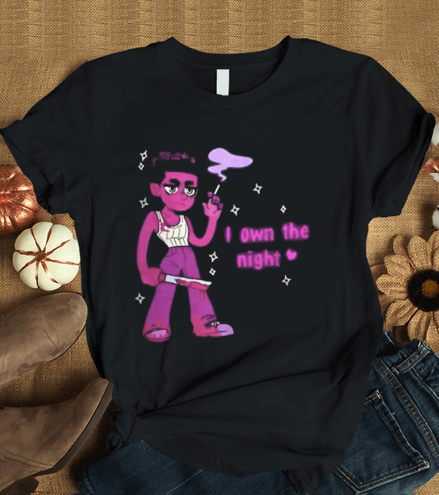 I Own The Night Pink Cartoon Character Holding Bloody Knife Smoking T-Shirt