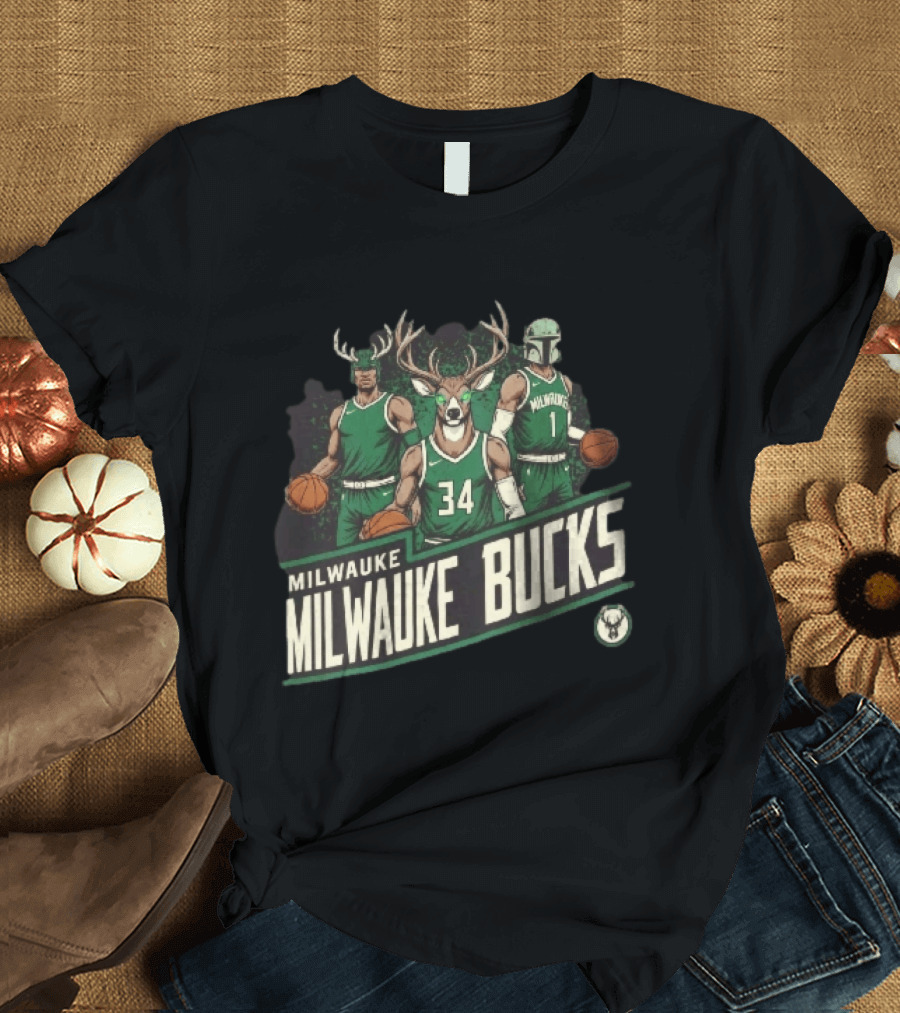 Milwaukee Bucks NBA Antler Helmet Buck Head Mandalorian Basketball Players T-Shirt