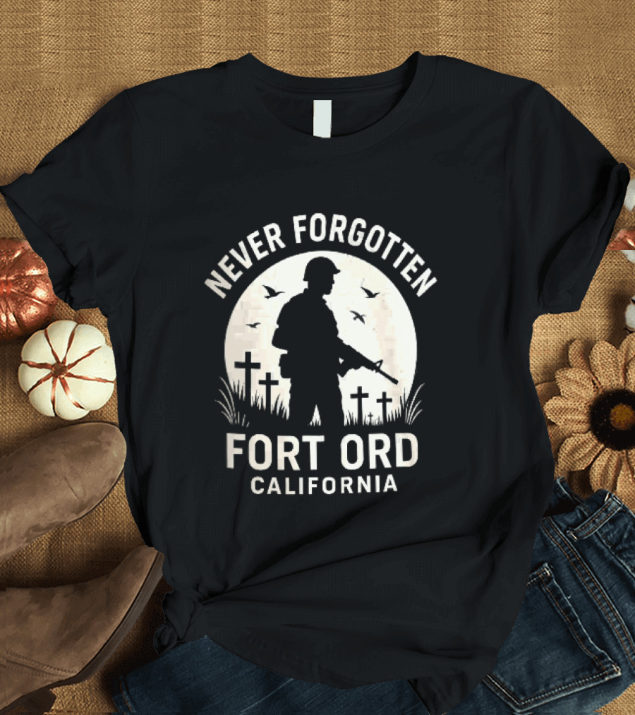 Never Forgotten Fort Ord California Soldier Moon Crosses Birds T-Shirt