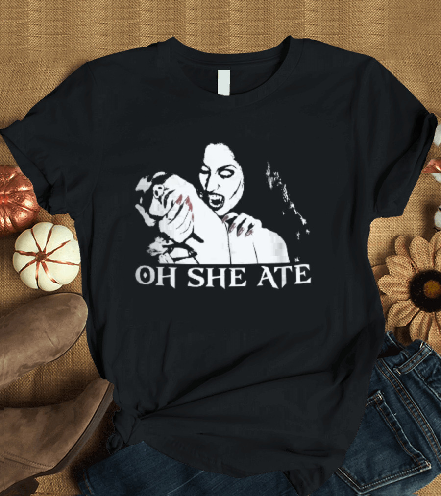 Oh She Ate Female Vampire Biting Neck Red Nails Stencil T-Shirt