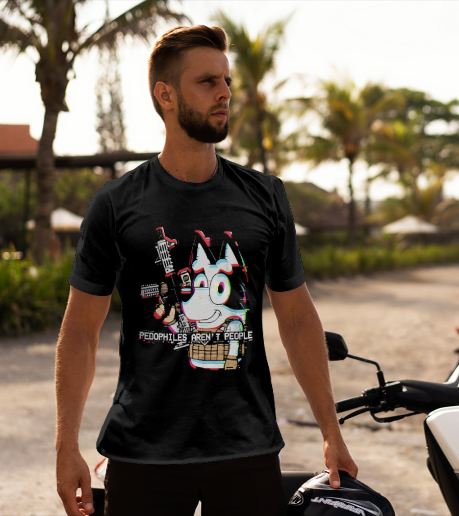 Pedophiles Aren't People Cartoon Dog Tactical Vest Assault Rifle Glitch Effect T-Shirt