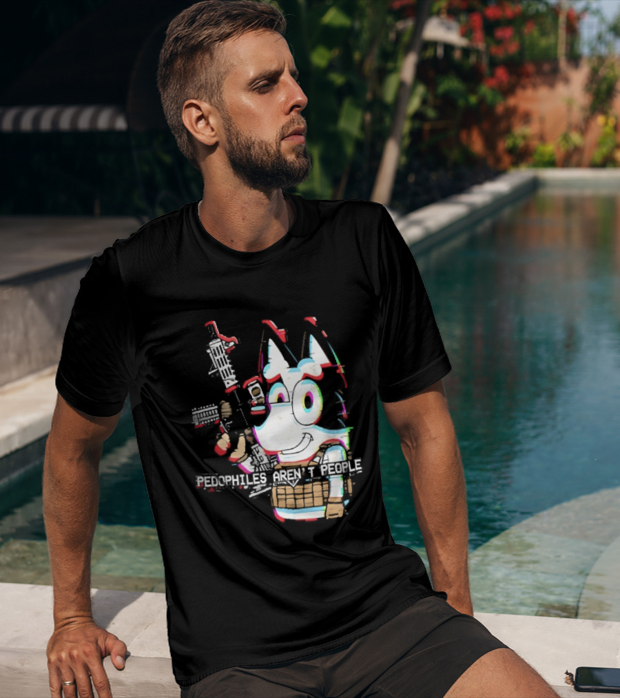 Pedophiles Aren't People Cartoon Dog Tactical Vest Assault Rifle Glitch Effect T-Shirt