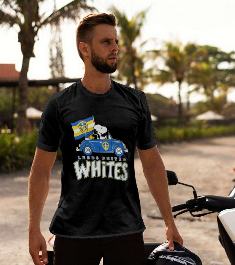 Leeds United Whites Snoopy Car Driving With Flag T-Shirt