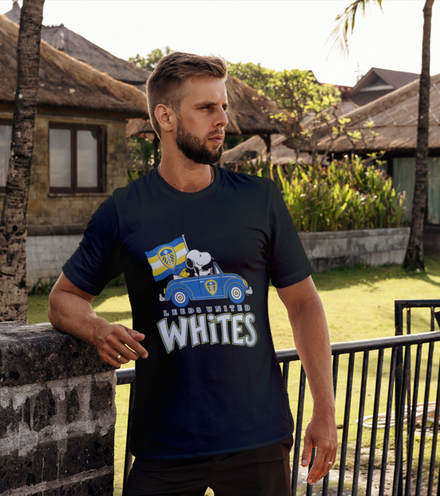 Leeds United Whites Snoopy Car Driving With Flag T-Shirt