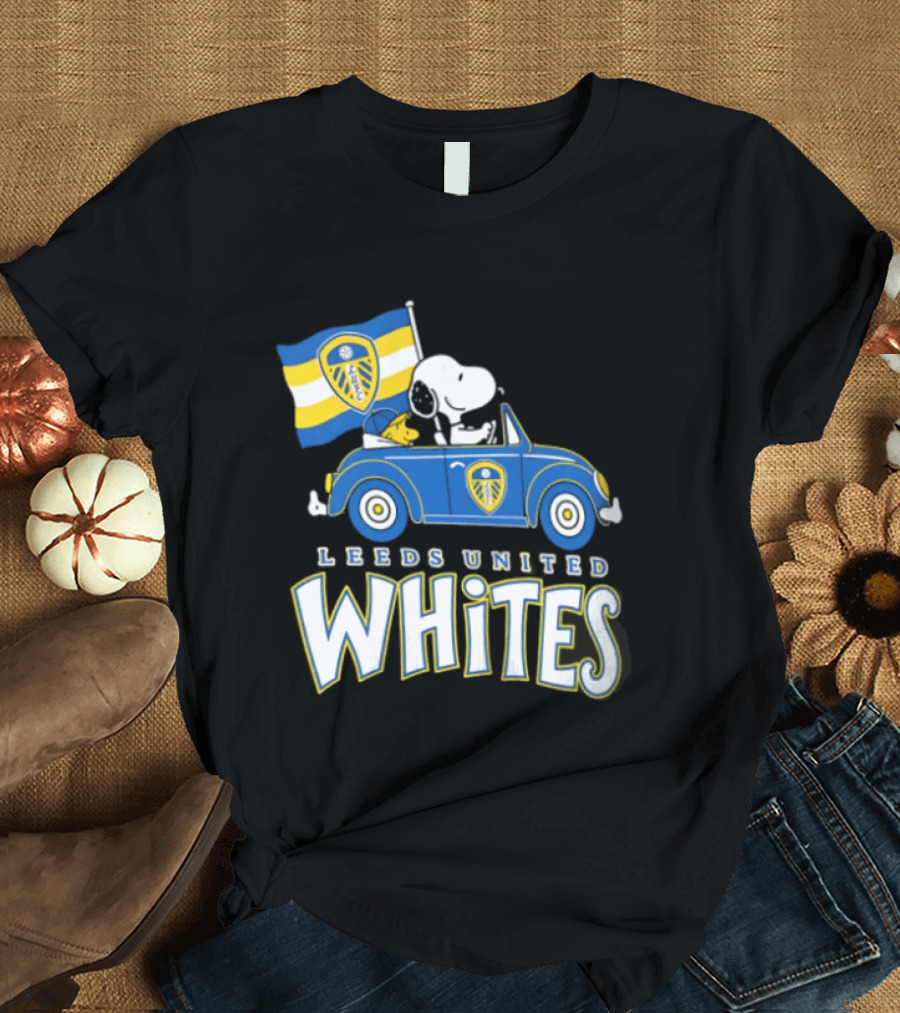 Leeds United Whites Snoopy Car Driving With Flag T-Shirt