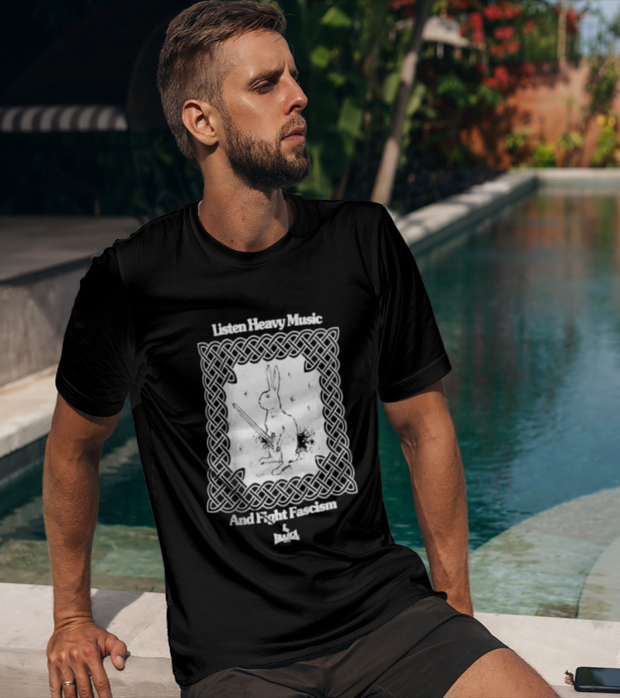 Listen Heavy Music And Fight Fascism Bunny With Sword Celtic Knot Frame T-Shirt