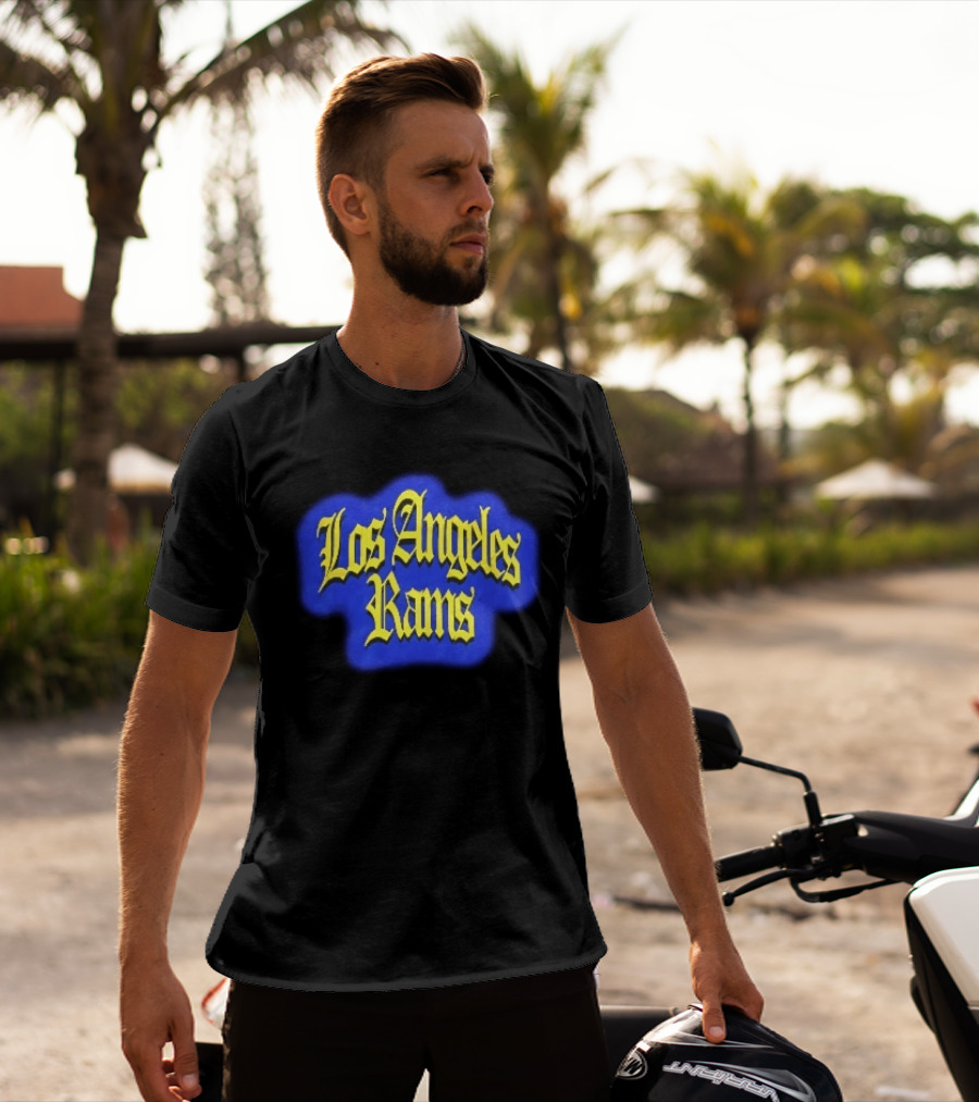 Los Angeles Rams Yellow Gothic Letters Blue Aura T-Shirt