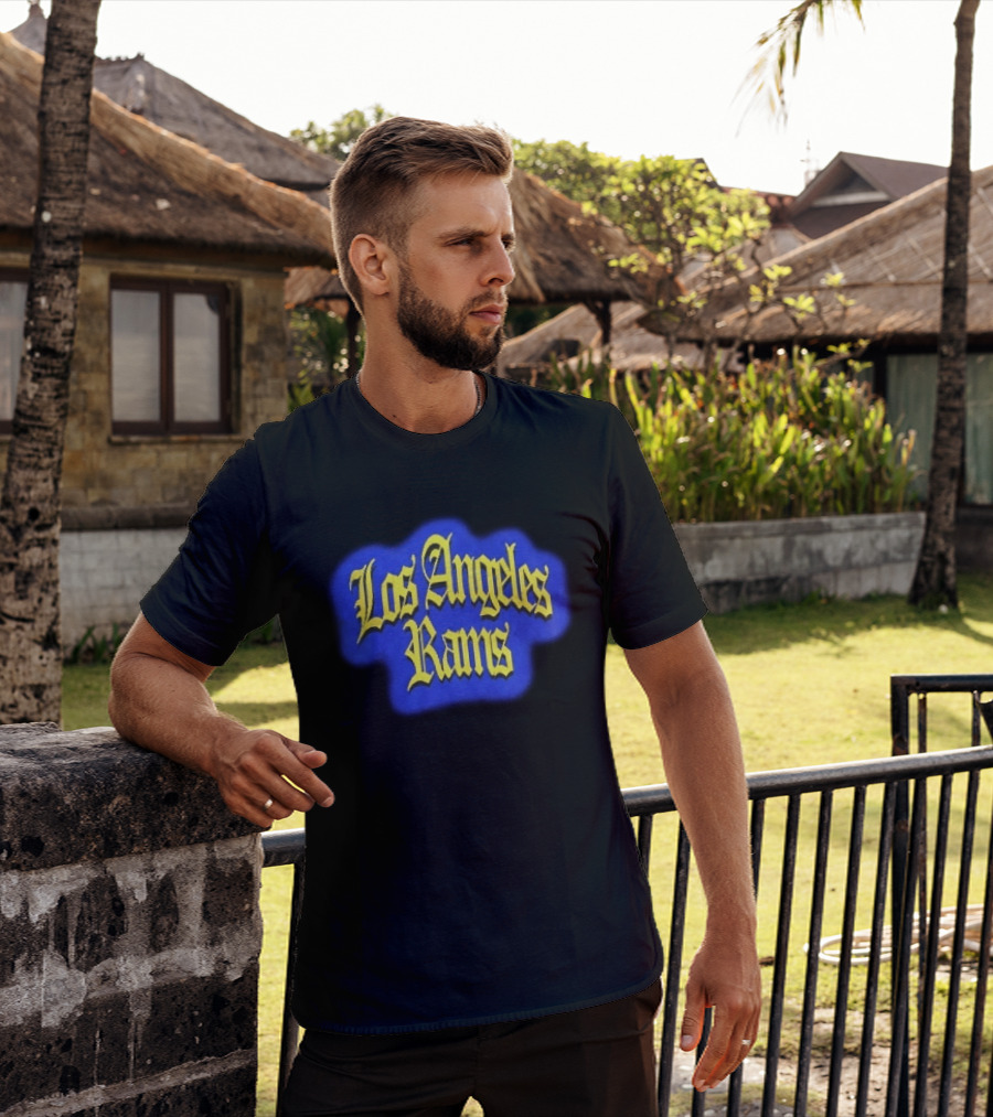 Los Angeles Rams Yellow Gothic Letters Blue Aura T-Shirt