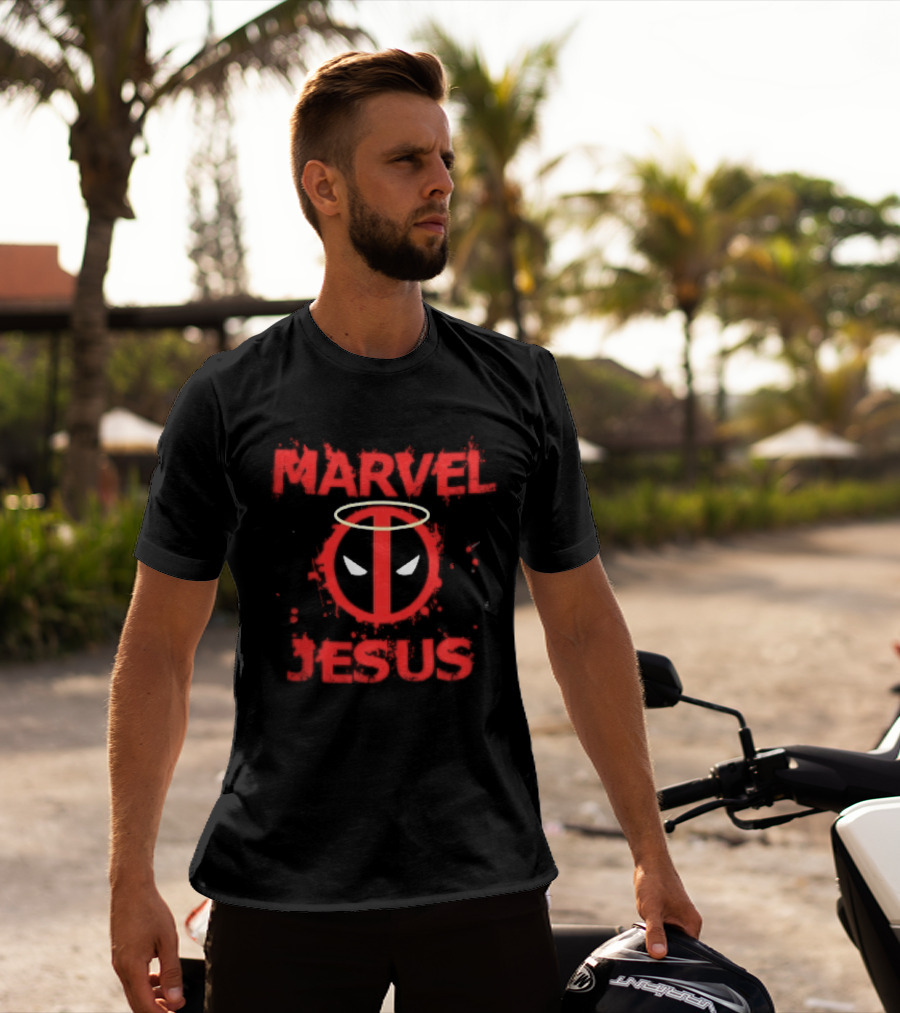 Marvel Jesus Distressed Deadpool Mask Yellow Halo Splatter T-Shirt