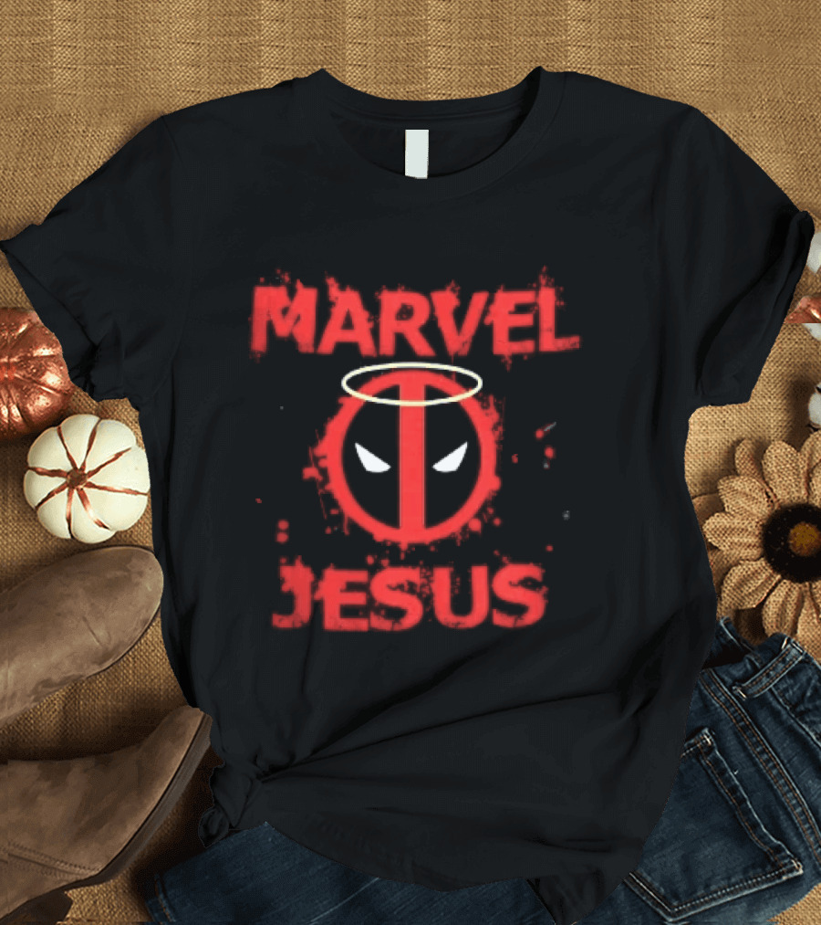 Marvel Jesus Distressed Deadpool Mask Yellow Halo Splatter T-Shirt
