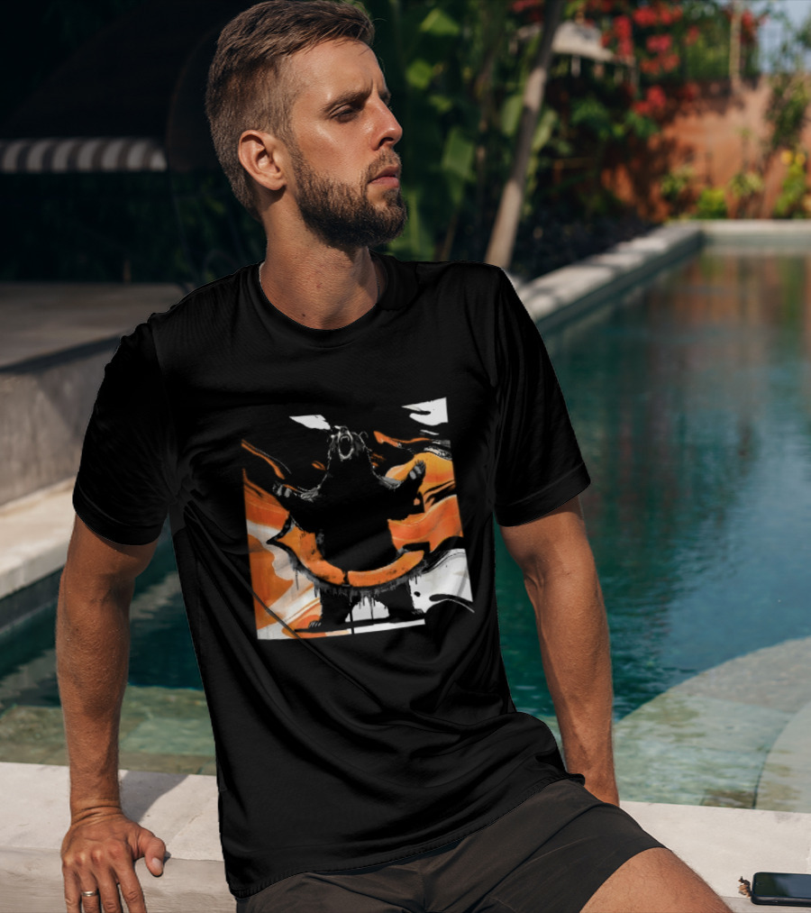 Roaring Black Bear Orange Liquid Swirls Dripping Banner T-Shirt