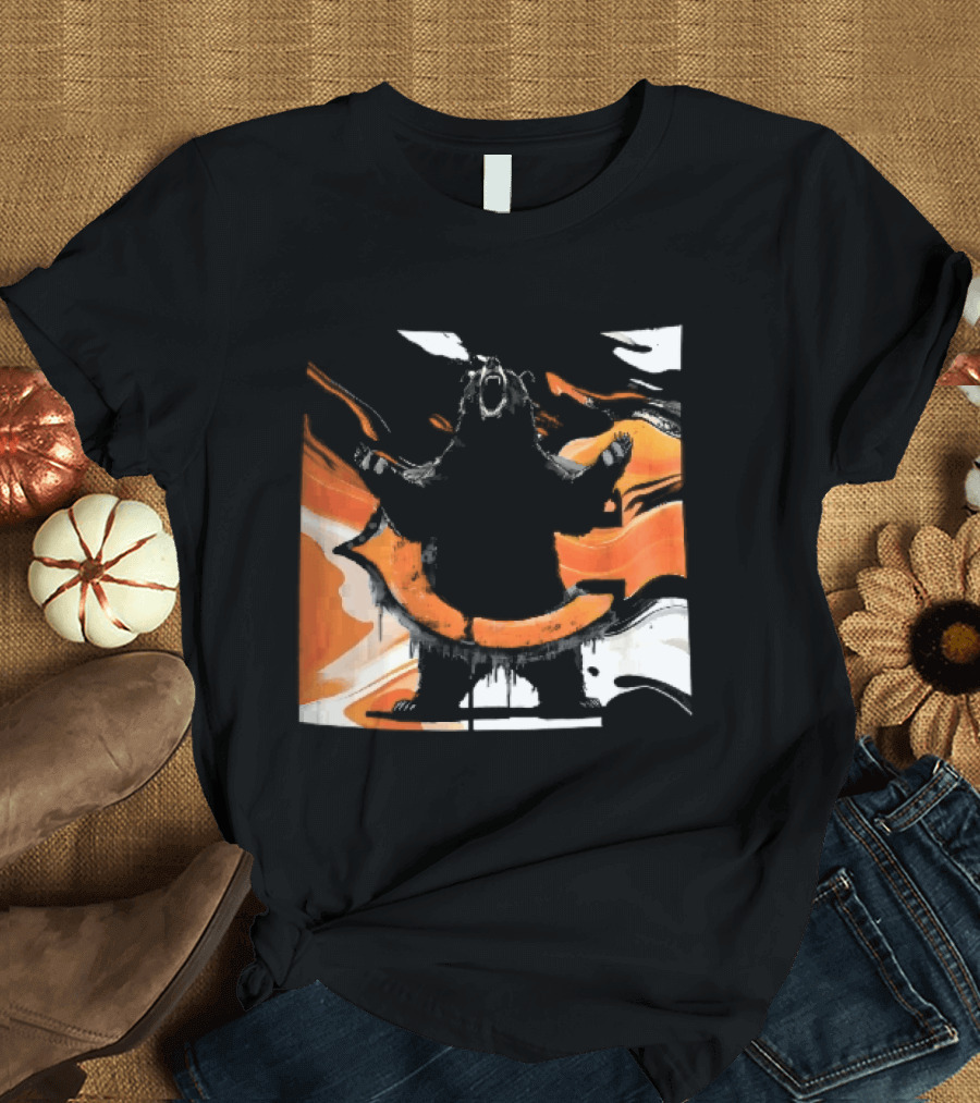 Roaring Black Bear Orange Liquid Swirls Dripping Banner T-Shirt