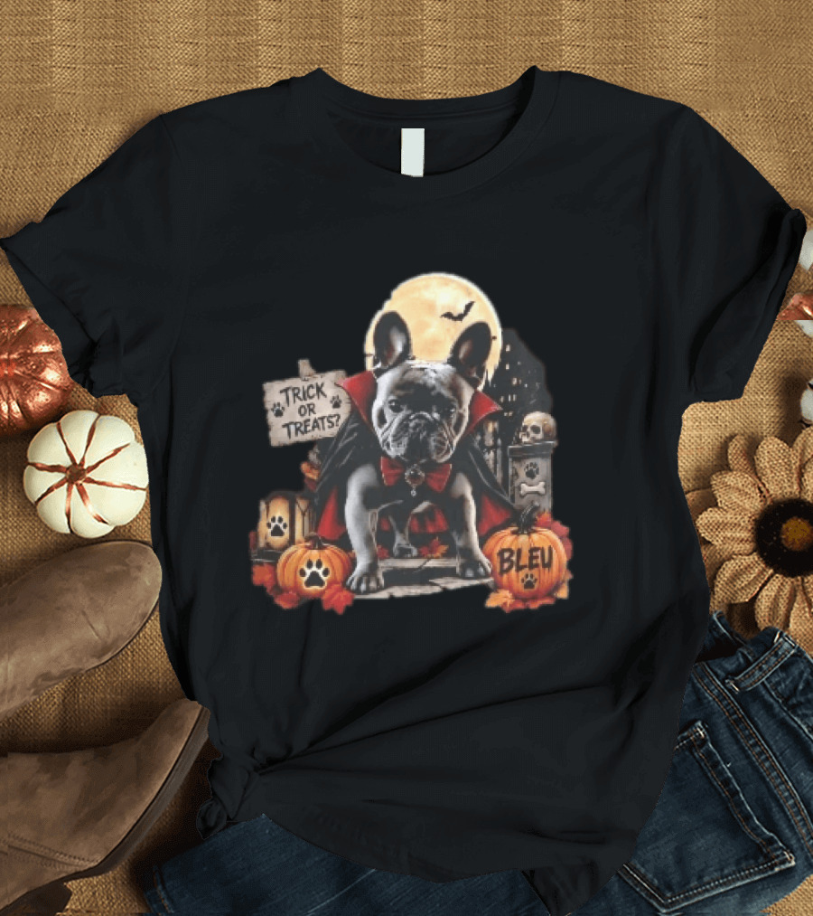 Trick Or Treats Bleu French Bulldog Vampire Cape Moon Pumpkins Halloween Scene T-Shirt