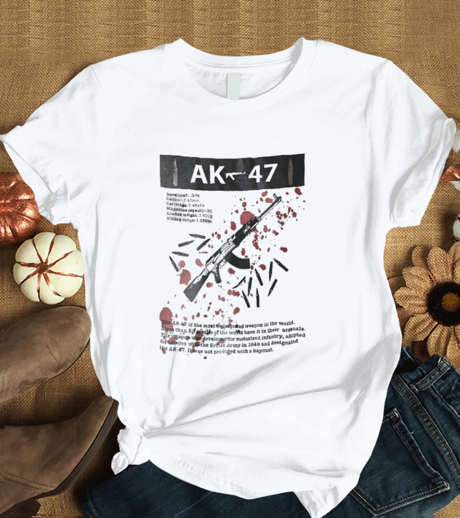 AK 47 1949 Rifle Sketch Red Blood Splatter Bullets Widespread Weapon Statistics T-Shirt