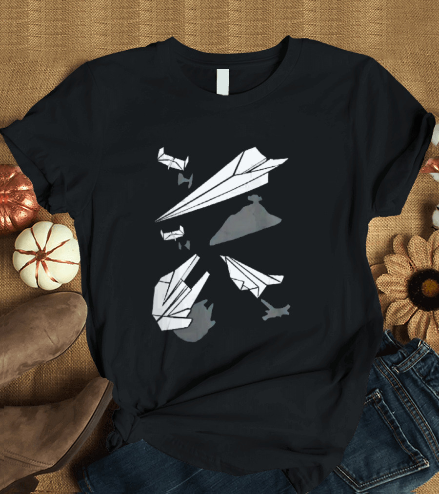 White Origami Paper Airplanes Star Wars Spaceship Shadow Illusions T-Shirt