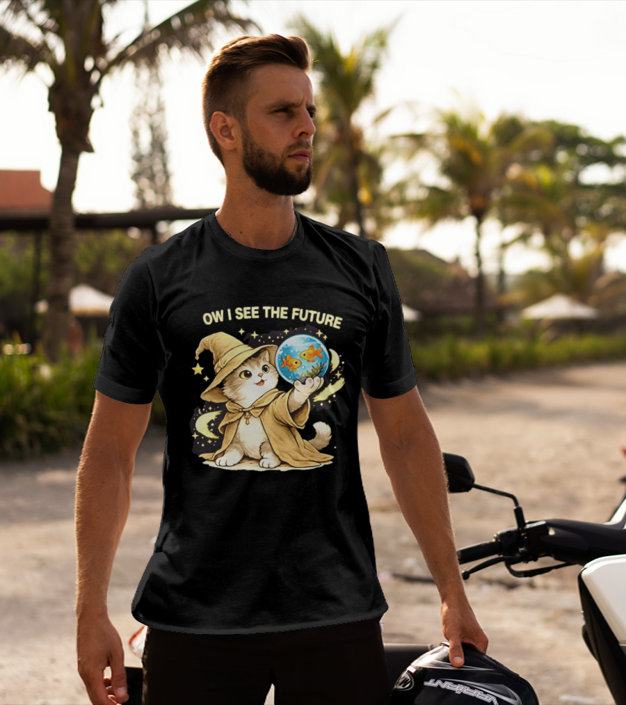 Wizard Cat Halloween Ow I See The Future Goldfish T-Shirt