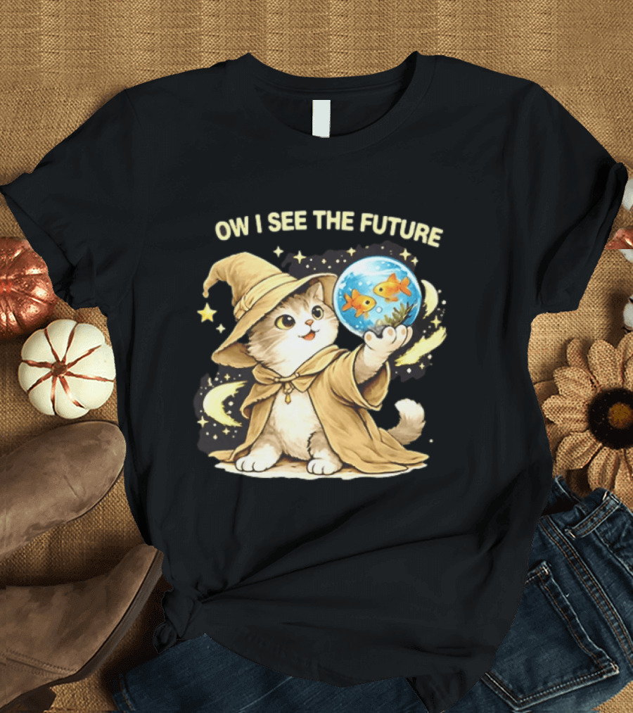 Wizard Cat Halloween Ow I See The Future Goldfish T-Shirt
