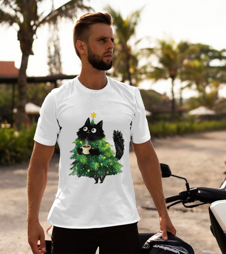 Black Cat Christmas Tree With Hot Coffee Cup T-Shirt