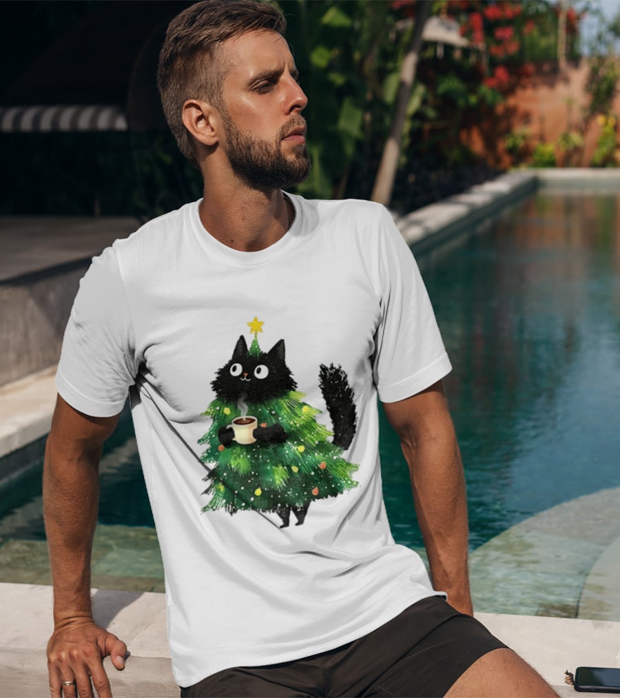 Black Cat Christmas Tree With Hot Coffee Cup T-Shirt