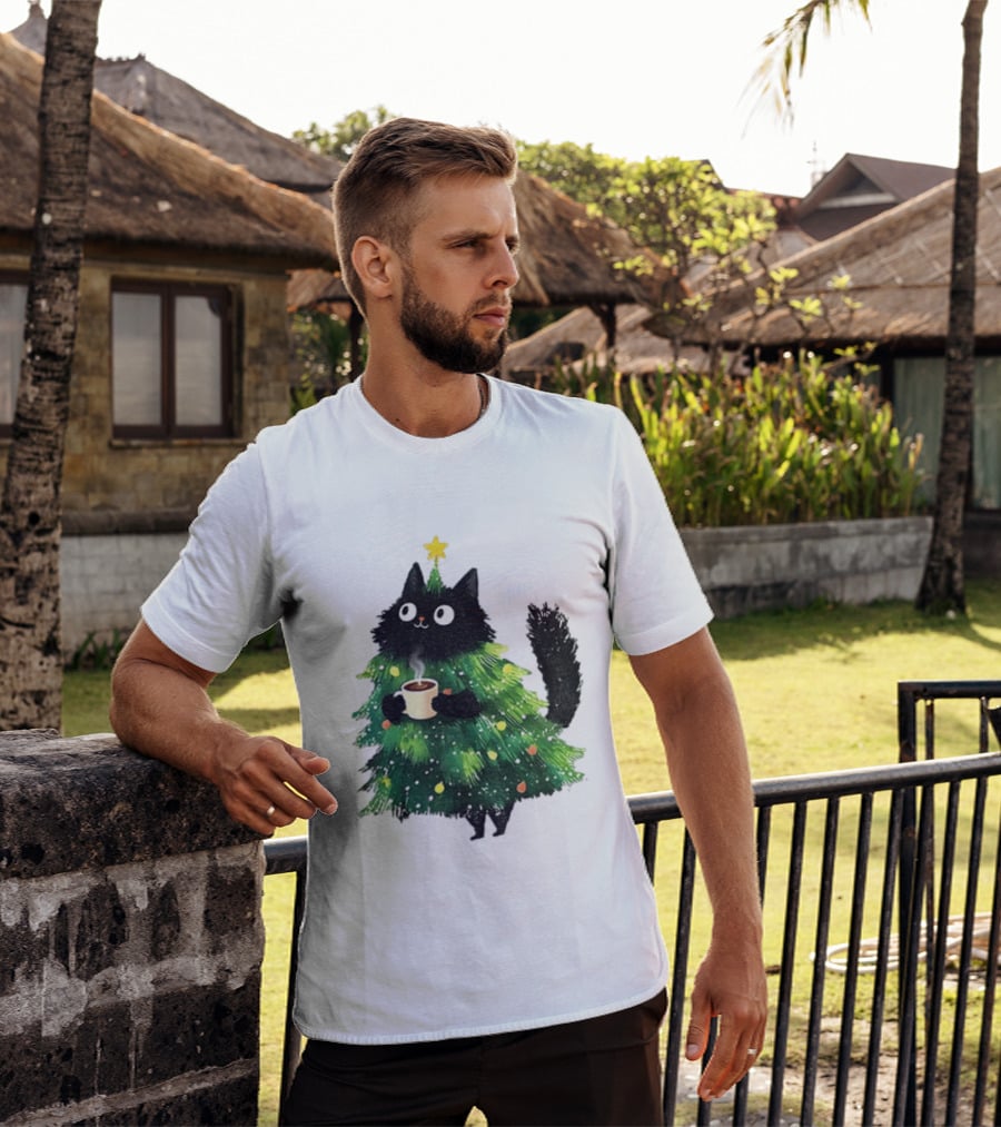 Black Cat Christmas Tree With Hot Coffee Cup T-Shirt