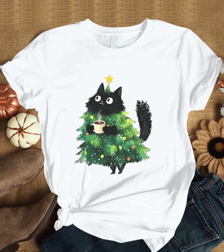 Black Cat Christmas Tree With Hot Coffee Cup T-Shirt