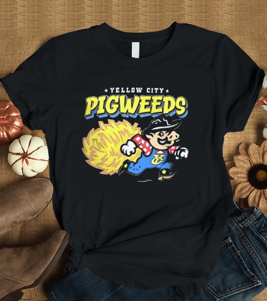 Yellow City Pigweeds Cartoon Cowboy Overalls Tumbleweed Running T-Shirt