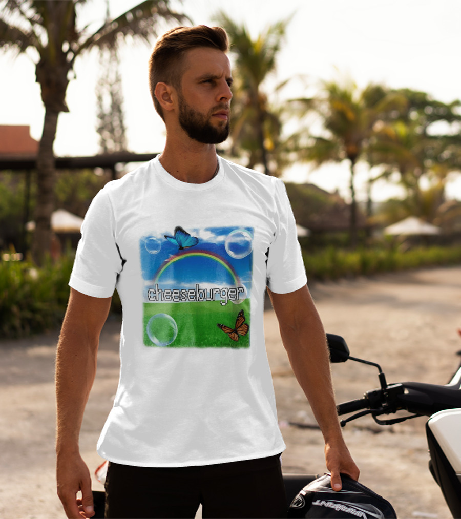 Cheeseburger Pixel Text Rainbow Butterflies Floating Bubbles T-Shirt