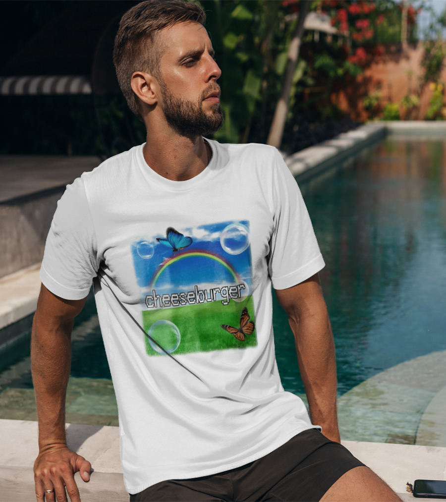 Cheeseburger Pixel Text Rainbow Butterflies Floating Bubbles T-Shirt