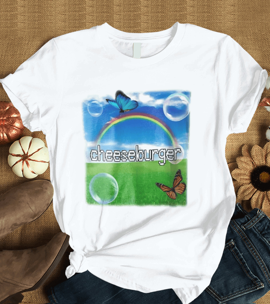 Cheeseburger Pixel Text Rainbow Butterflies Floating Bubbles T-Shirt