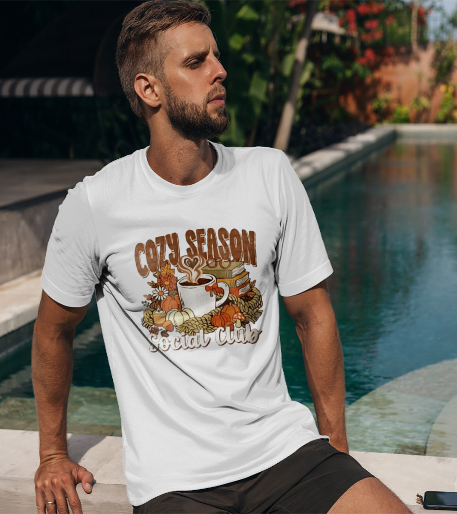 Cozy Season Social Club Coffee Books Pumpkins Knitted Blanket Autumn Vibes T-Shirt