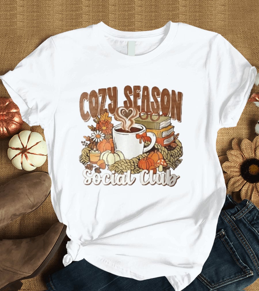 Cozy Season Social Club Coffee Books Pumpkins Knitted Blanket Autumn Vibes T-Shirt