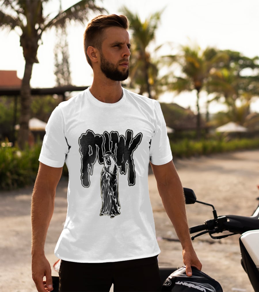Punk Dripping Hooded Skeleton Praying Crown Of Thorns T-Shirt