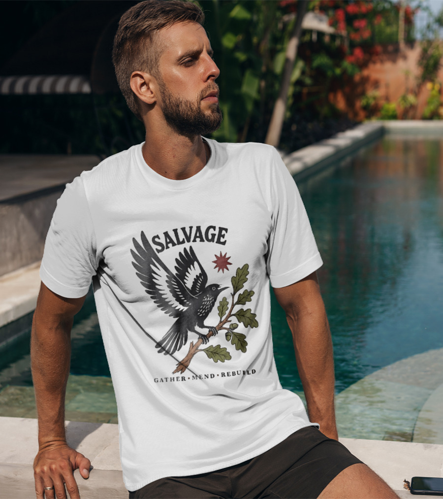 Salvage Gather Mend Rebuild Bird On Oak Branch With Acorns T-Shirt