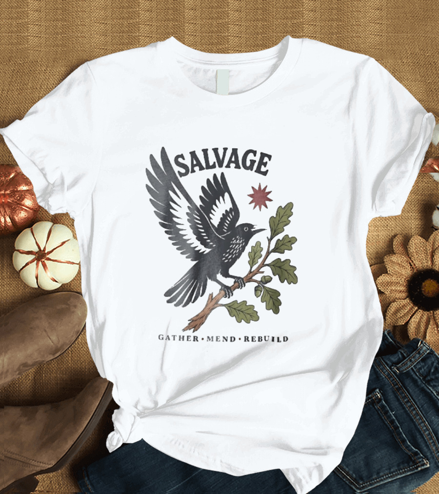 Salvage Gather Mend Rebuild Bird On Oak Branch With Acorns T-Shirt