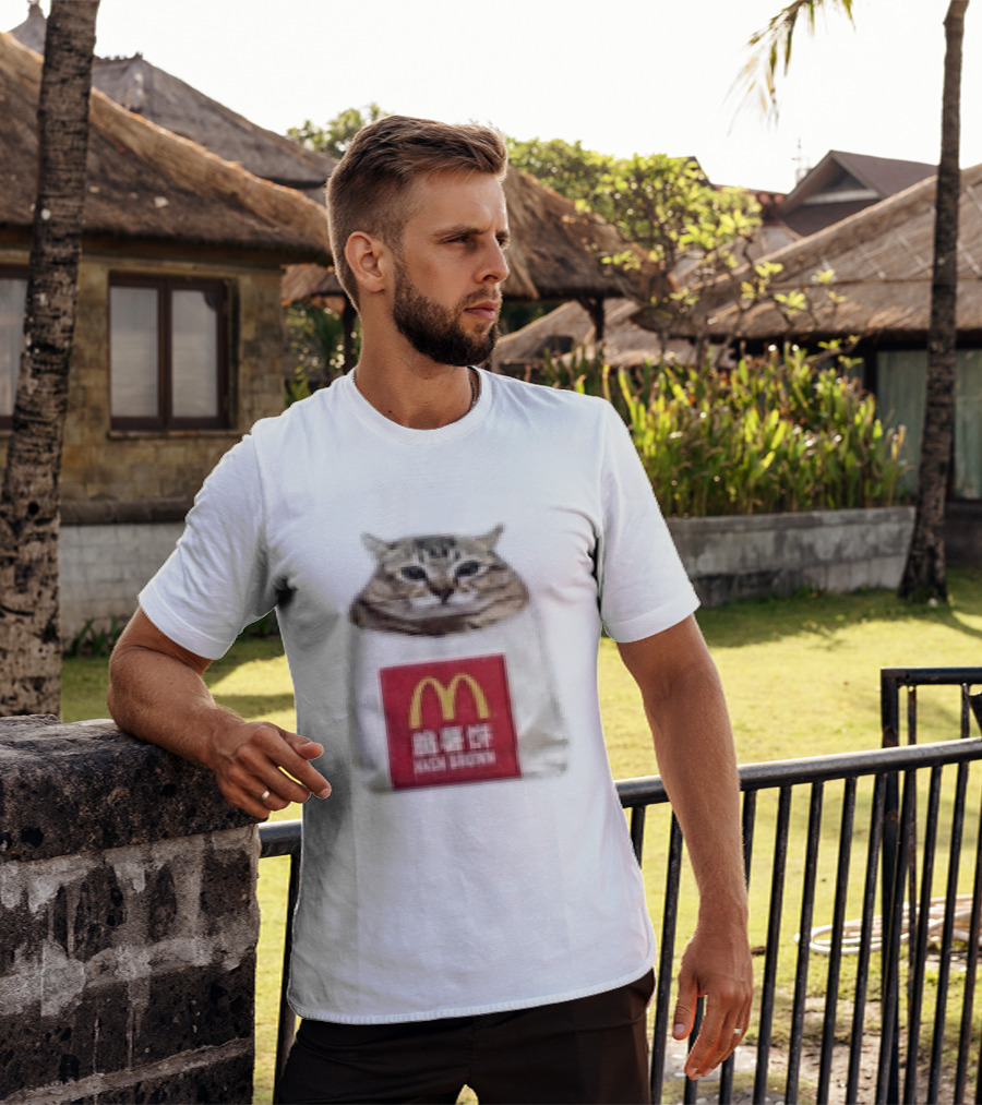 Happy Mei Mei Cat In McDonald's Hash Brown Bag T-Shirt
