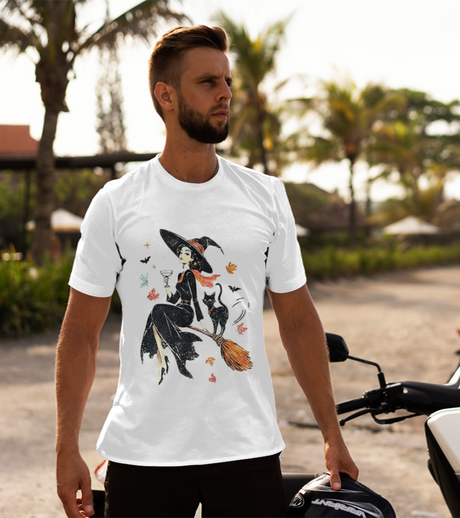 Witch Cat Ringer Spooky Fall Pumpkin Halloween Vintage Witch And Black Cat On Broomstick With Coffee Cup And Autumn Leaves T-Shirt