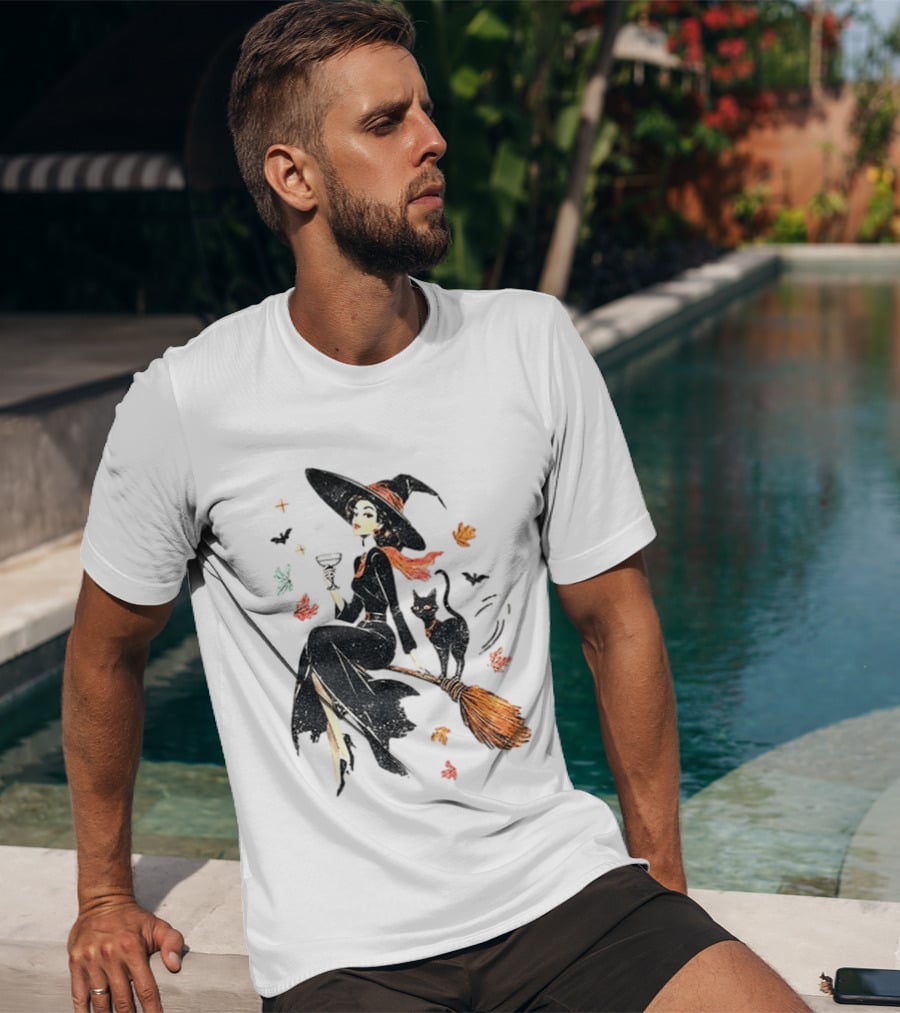 Witch Cat Ringer Spooky Fall Pumpkin Halloween Vintage Witch And Black Cat On Broomstick With Coffee Cup And Autumn Leaves T-Shirt
