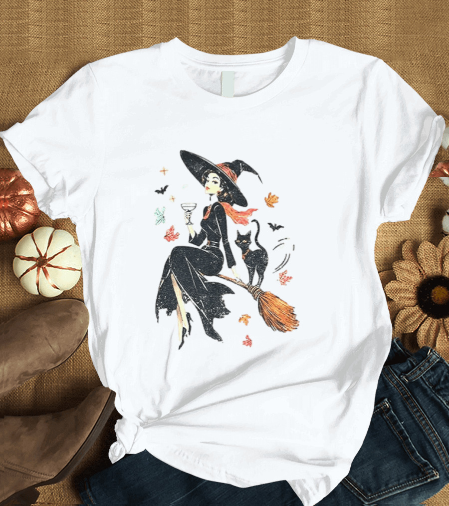 Witch Cat Ringer Spooky Fall Pumpkin Halloween Vintage Witch And Black Cat On Broomstick With Coffee Cup And Autumn Leaves T-Shirt