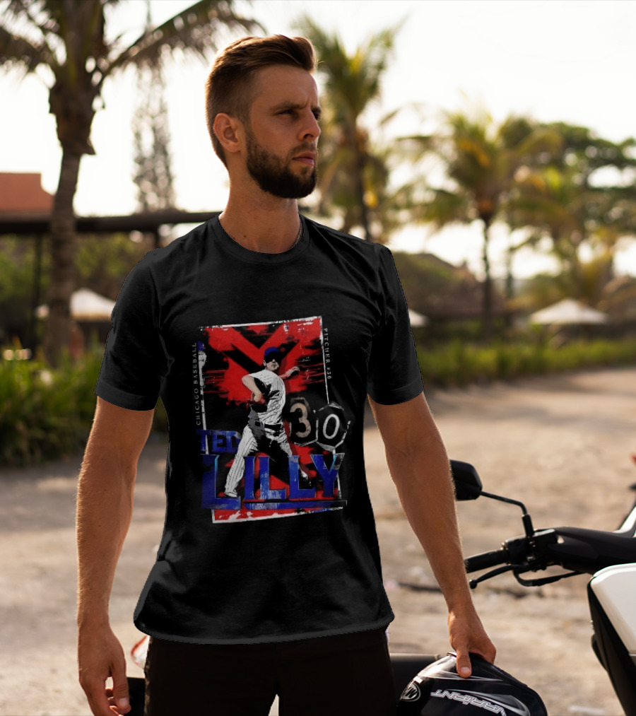 Chicago Baseball MLB Pitcher Ted Lilly 30 Distressed Red Black Collage Throwing Photo T-Shirt