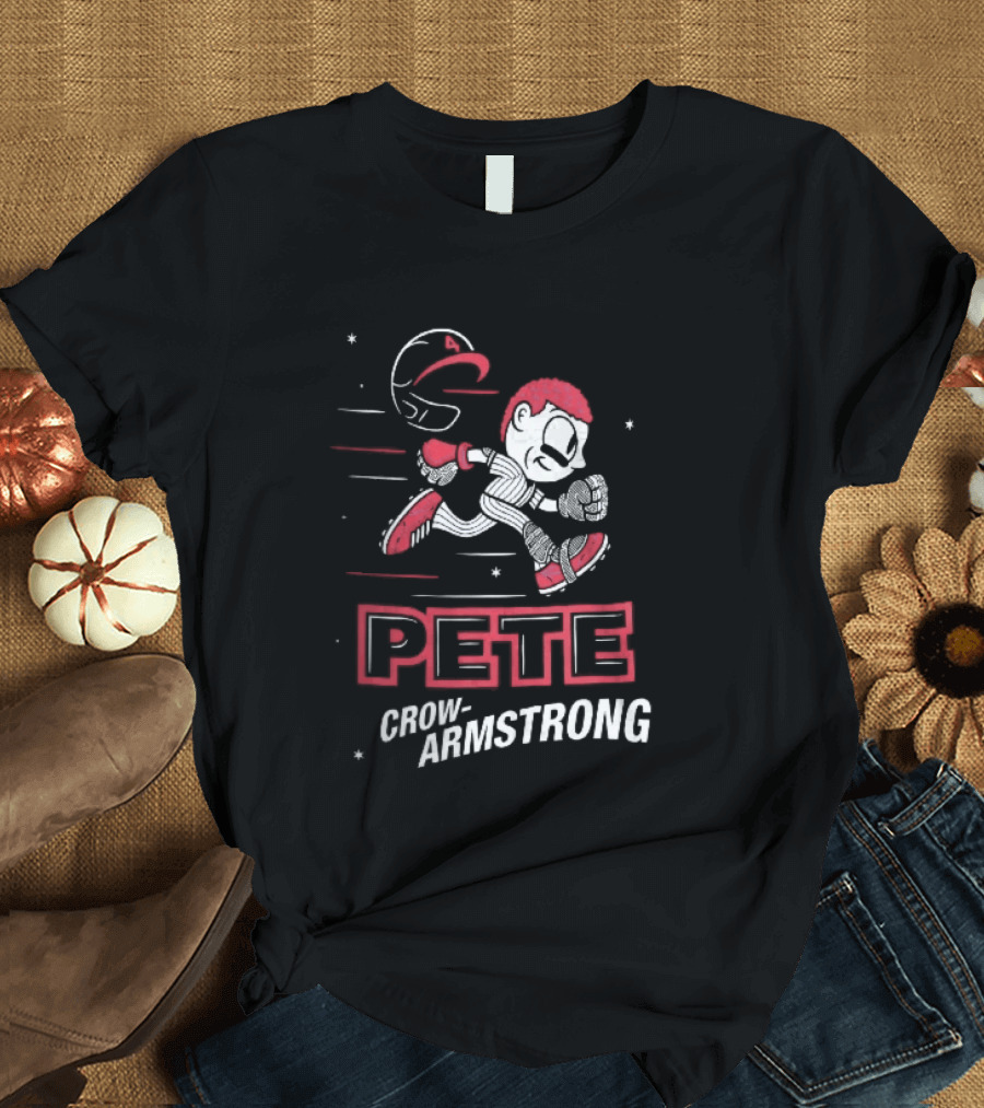 Chicago Cubs MLB Pete Crow Armstrong Cartoon Caricature Running Baseball Player Flying Helmet Stars T-Shirt