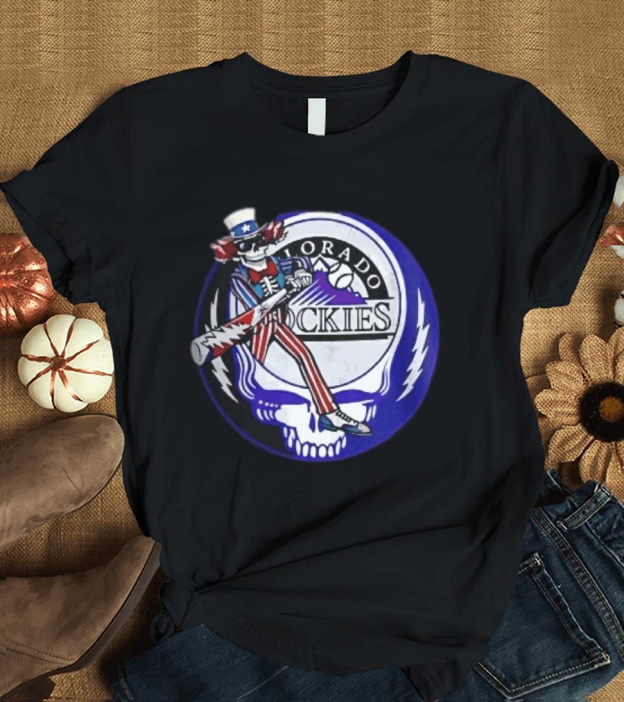 Colorado Rockies Grateful Dead Uncle Sam Skeleton Batting Lightning Stealie Skull T-Shirt