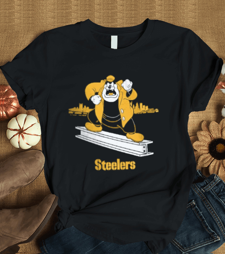 Pittsburgh Steelers Cartoon Pete On Steel Beam Cityscape T-Shirt