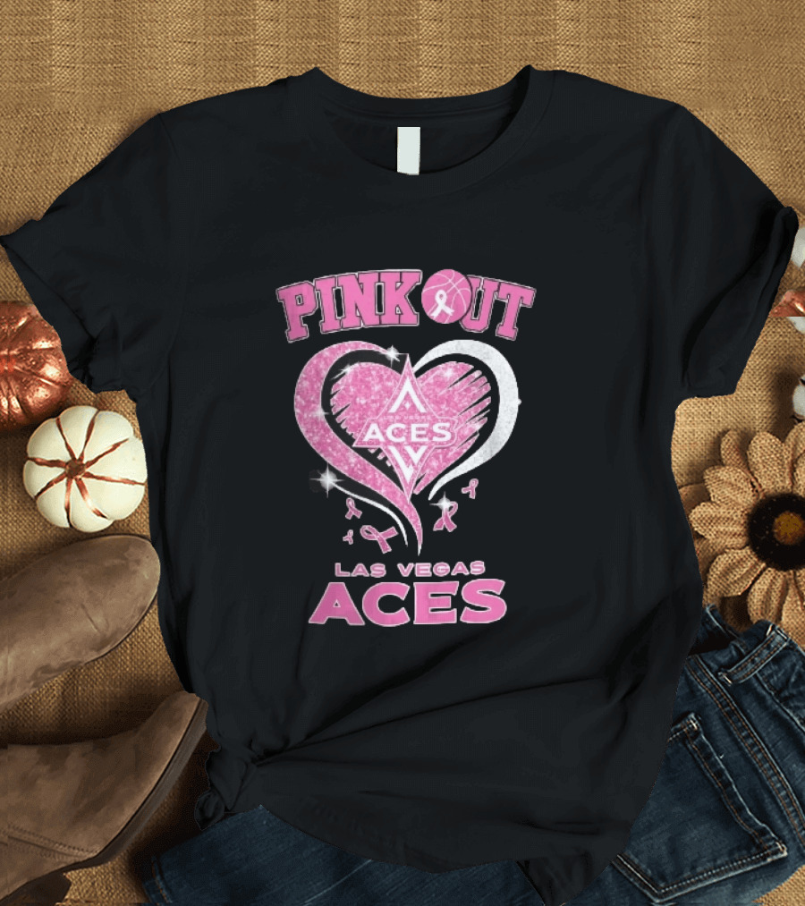 Las Vegas Aces Pink Out Glitter Heart Breast Cancer Awareness Ribbons WNBA T-Shirt