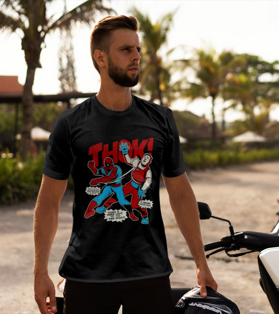 Spider Man Thok Giving A Hard Left To The Far Right Nazi Puncher Comic T-Shirt