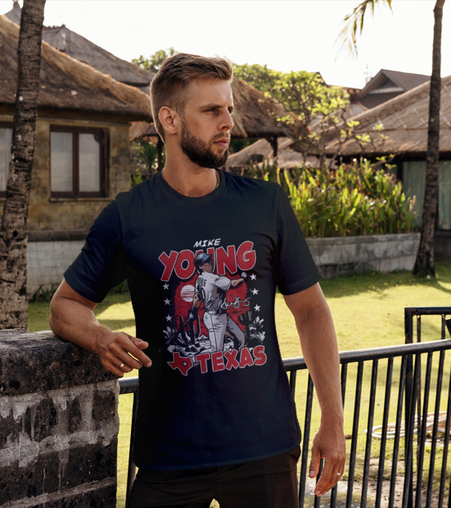 Texas Rangers MLB Mike Young Batting Cactus Red Sunset Stars T-Shirt